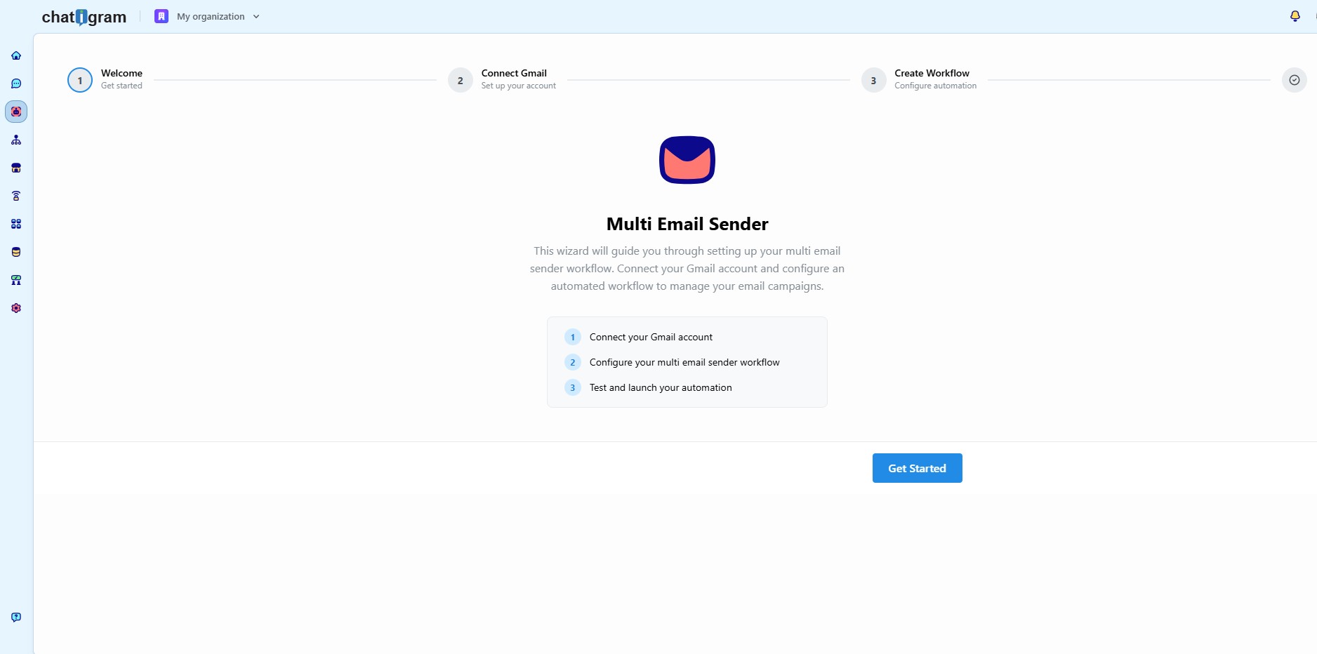 Chatigram Multi Email Sender wizard with steps for welcome, connecting Gmail, and creating the workflow