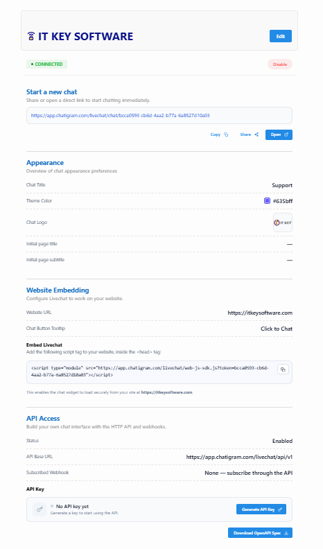 Livechat Line with website embedding and API settings