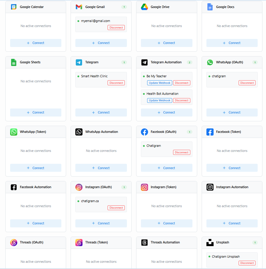 Chatigram app connections · Multiple connections per service