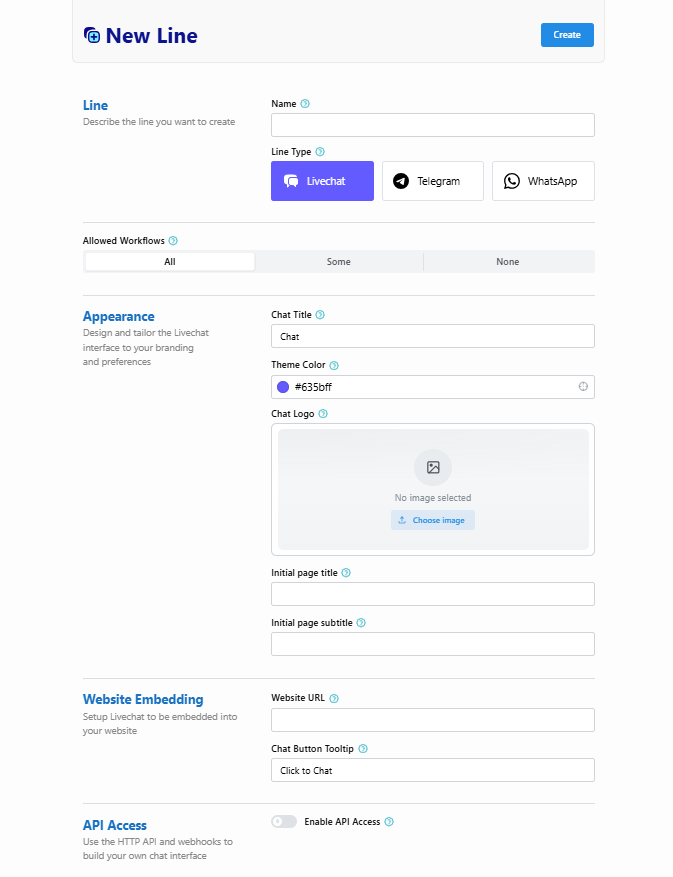 New Line settings for allowed workflows, appearance, embedding and API access