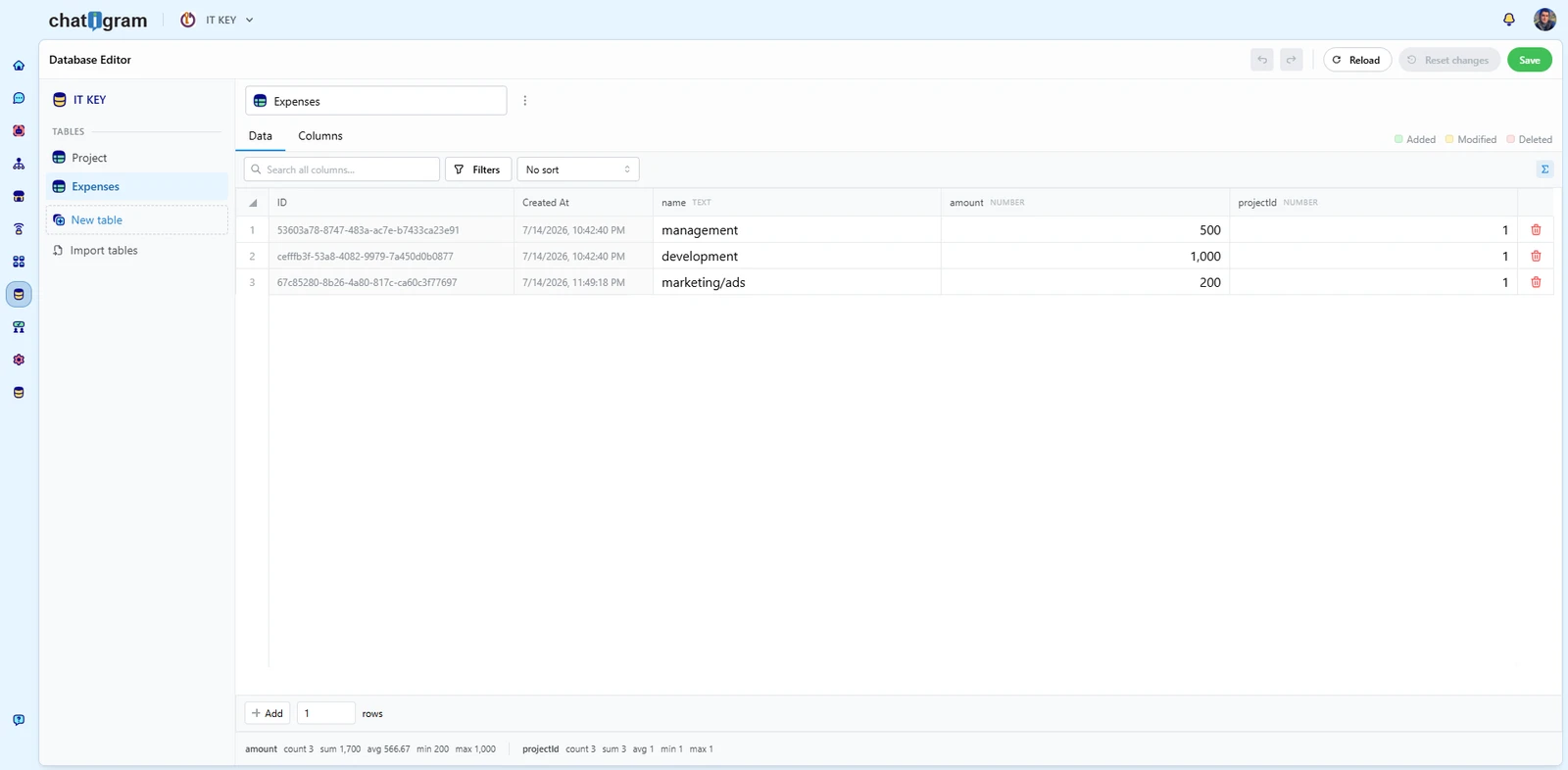 Chatigram database editor with Expenses records, typed columns, filters and calculated summaries