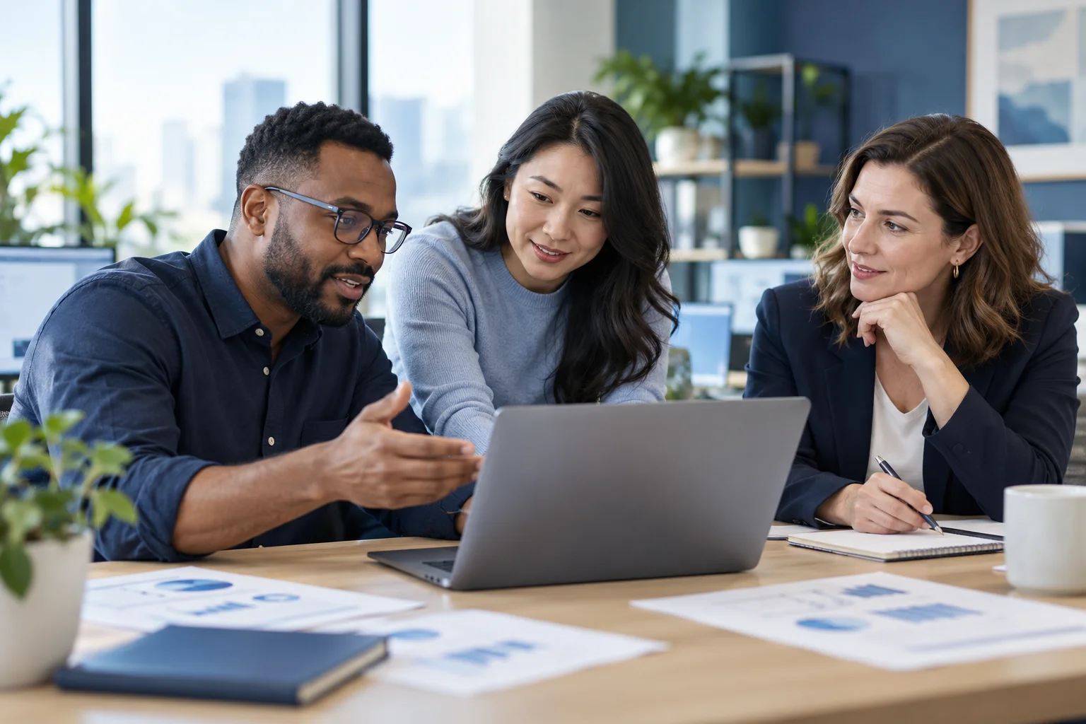 Three business colleagues discussing a report together at a laptop
