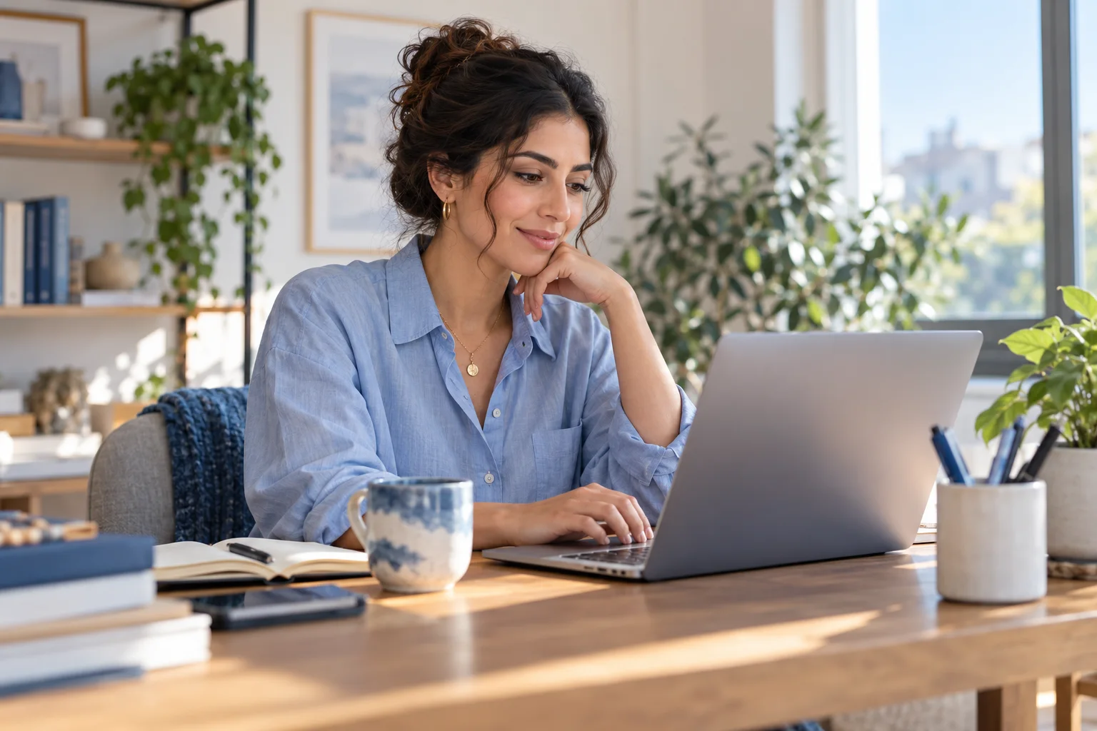 An independent professional working thoughtfully at a laptop in a home studio